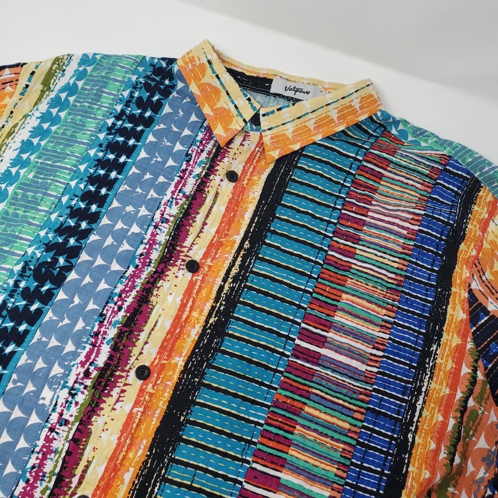 Vatpave Shirt Mens XXL Short Sleeve Multicolor Geometric Striped Button Down